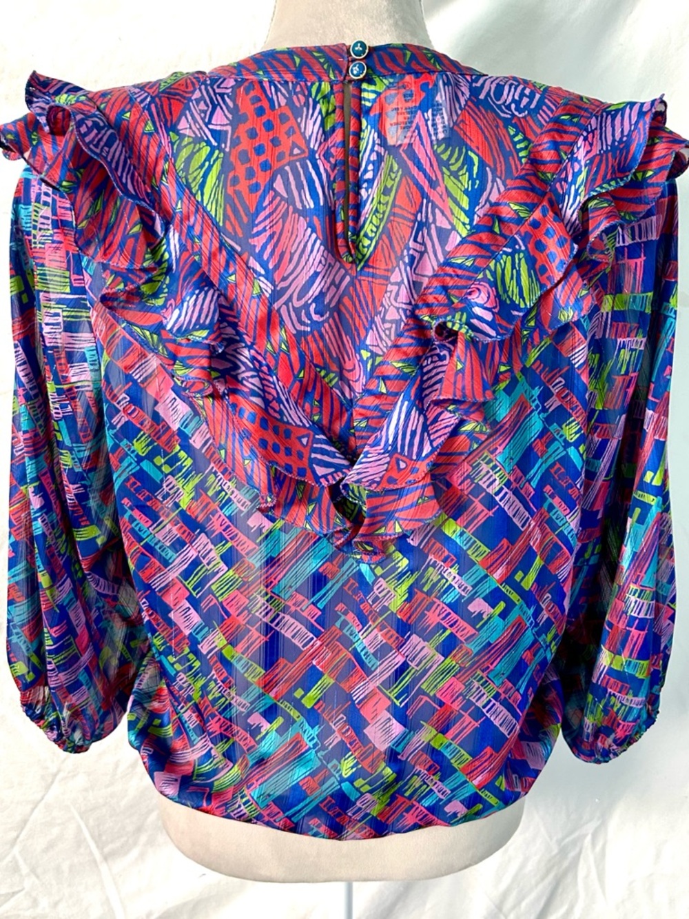 Vintage 80s Diane Freis Bold Multicolor Abstract Ruffle Drawstring Top, Size L - Picture 12 of 17